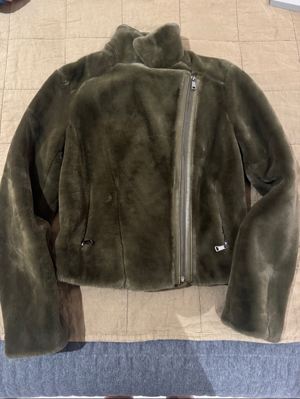 Piper & Jane Olive Green Faux Fur Asymmetric Zip Jacket